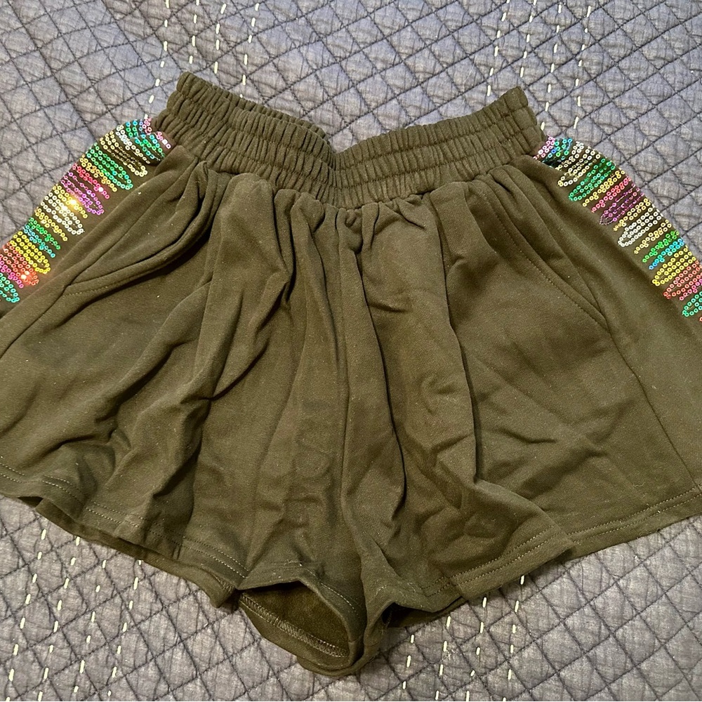 QUEEN OF SPARKLES Olive Shorts with Multicolor Sequin Accents